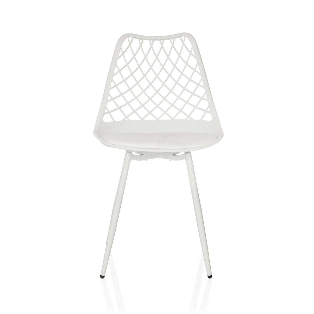 Chaise d'extérieur blanche BEGIO S avec dossier en grille et quatre pieds de hjh LIVING – vue à 360° (vue de face 0°)
