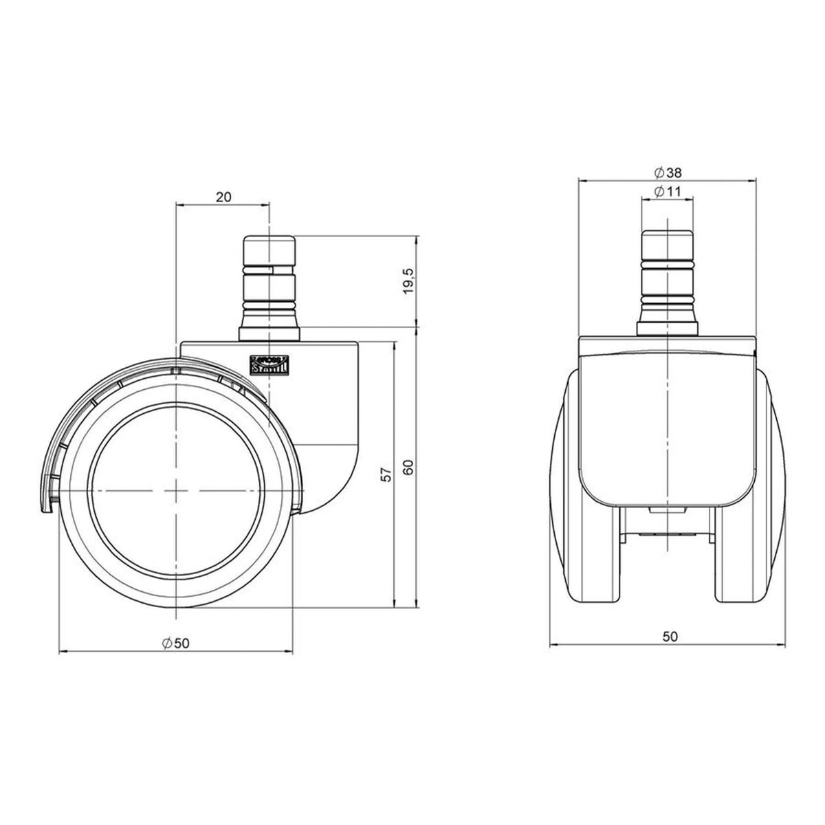 Dessin technique des roulettes 5x ROLO ESD 11mm/50mm avec un diamètre de roulette de 50 mm de hjh OFFICE