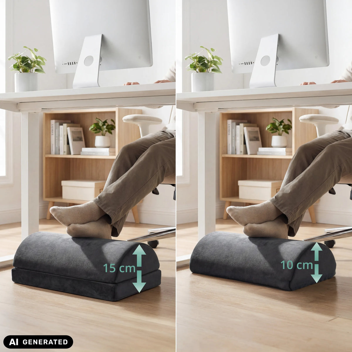 Höhenvergleich der Fußablage Podi Velvet 1 mit 10 cm und 15 cm von hjh OFFICE (KI-generiertes Bild)