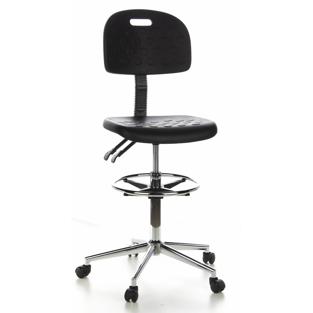 Chaise de comptoir noire TOP WORK 23 avec repose-pieds et piètement à cinq roulettes de hjh OFFICE – vue à 360° (vue de face 20°)