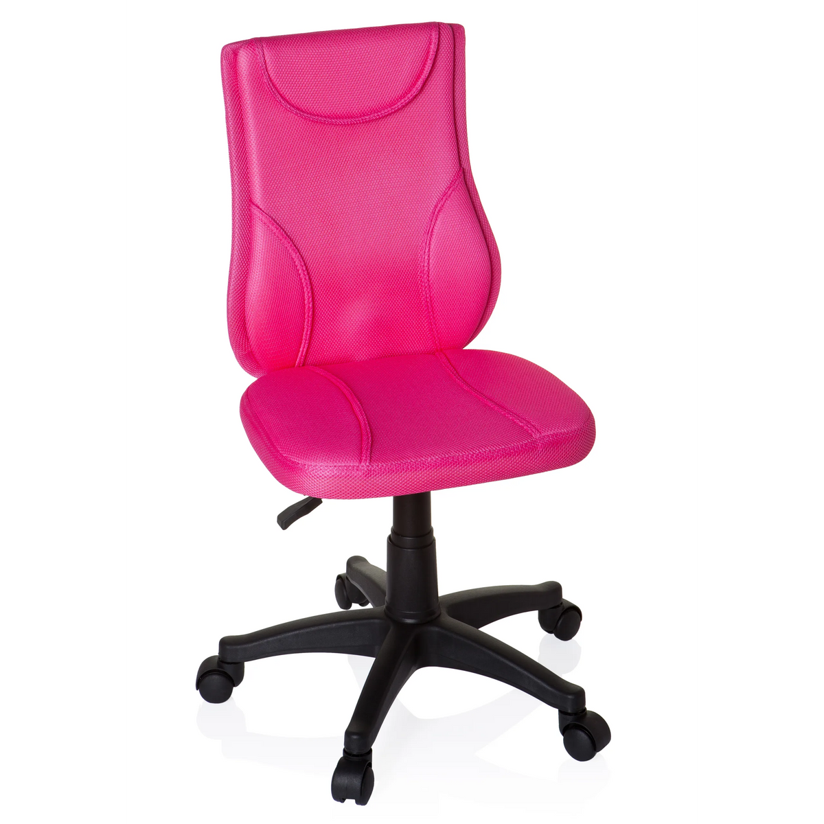 Chaise pivotante pour des enfants KIDDY BASE rose avec dossier en maille et base noire à cinq roulettes de hjh OFFICE – vue à 360° (vue de face 20°)