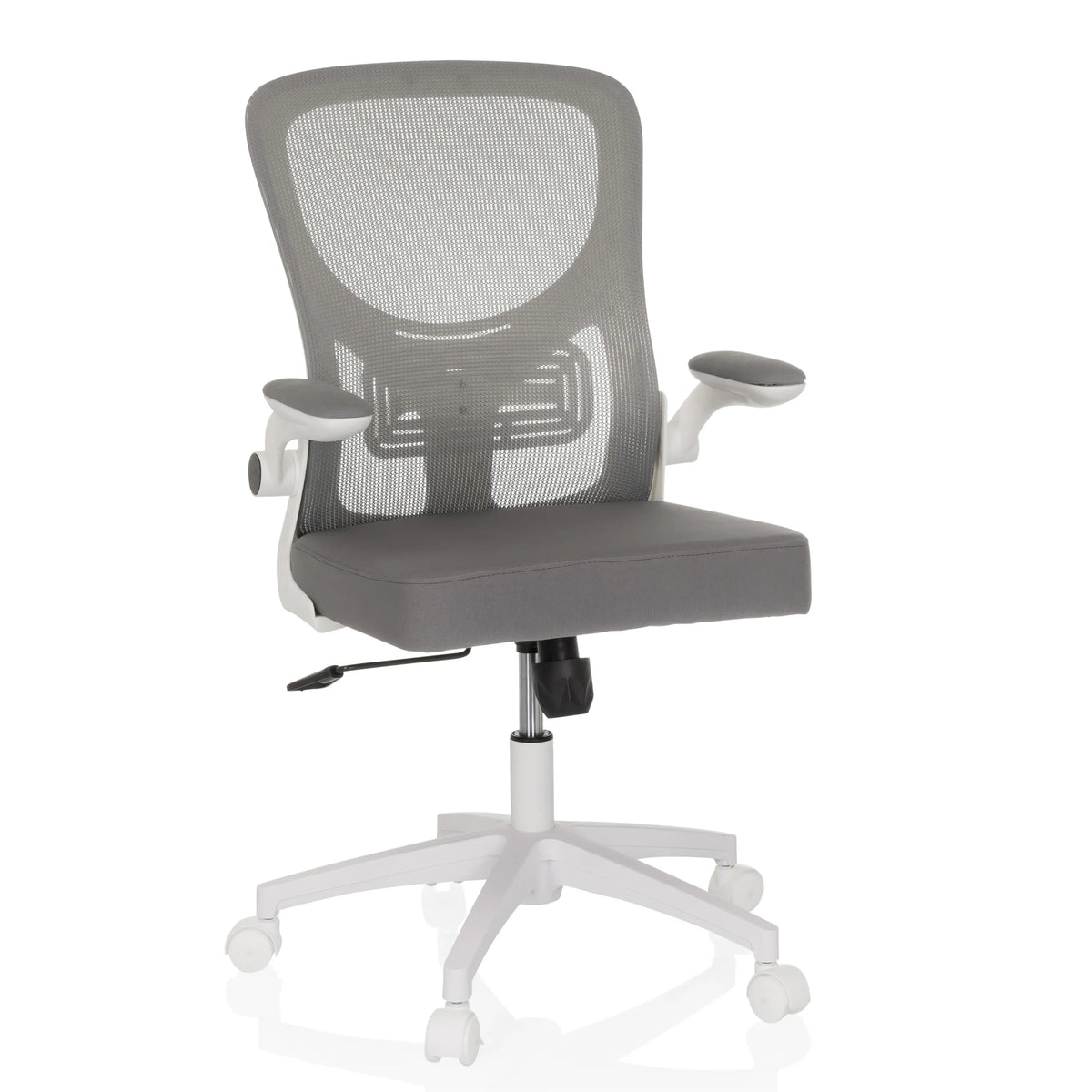 Siège de bureau à domicile BELIO W gris avec dossier en maille et piètement blanc à cinq roulettes de hjh OFFICE – vue à 360° (vue de face 15°)