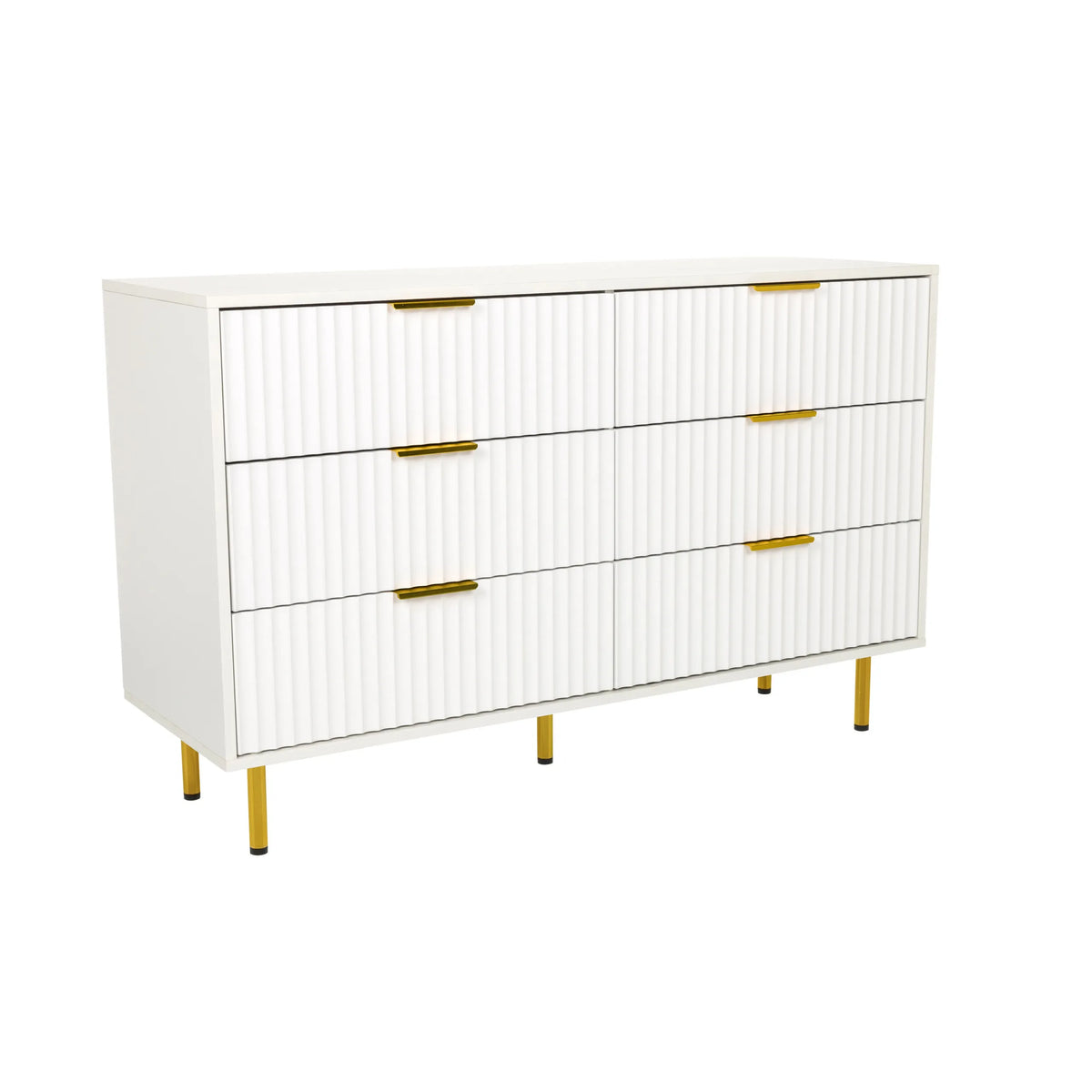 Buffet blanc HJELLE avec six tiroirs, façades cannelées et pieds dorés de hjh LIVING – vue à 360° (vue de trois quarts avant 30°)