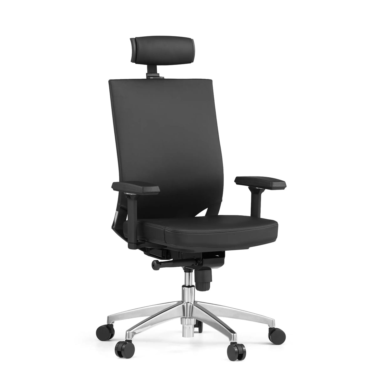 Siège de bureau de qualité professionnelle PORTO MAX HIGH noir en cuir avec appui-tête et base à cinq roulettes de hjh OFFICE – vue à 360° (vue de trois quarts avant 30°)