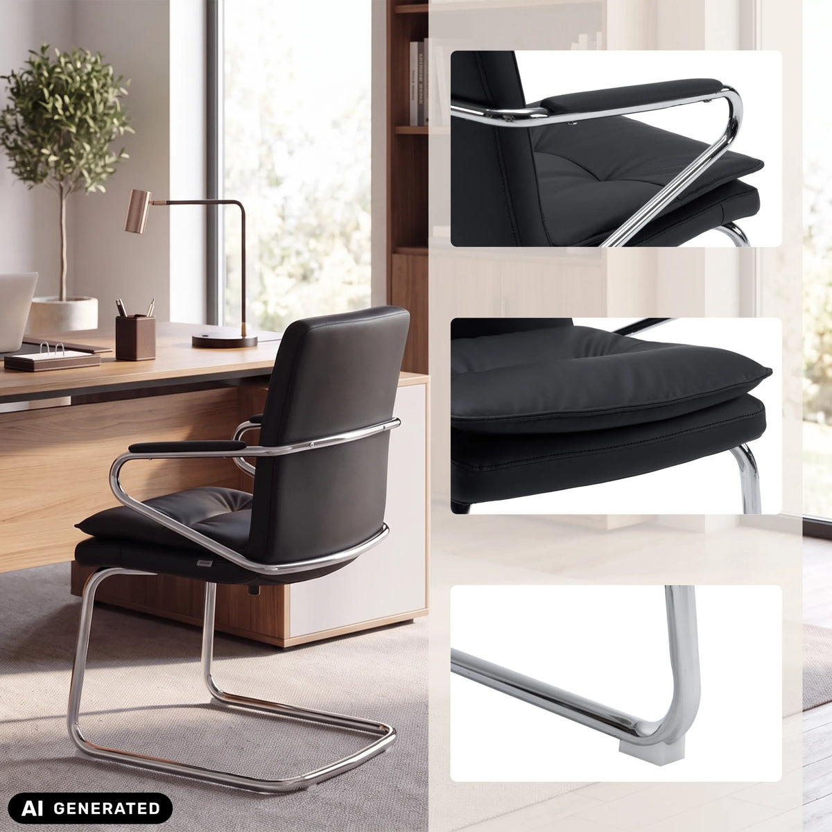 Chaise cantilever Rovento V noire avec structure chromée et vues détaillées de hjh OFFICE (image générée par IA)