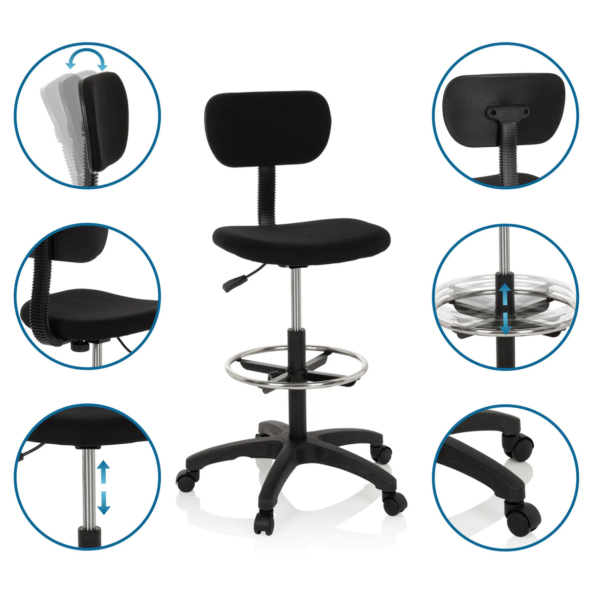 Chaise de comptoir TOP WORK 05 en noir avec dossier réglable et repose-pieds de hjh OFFICE