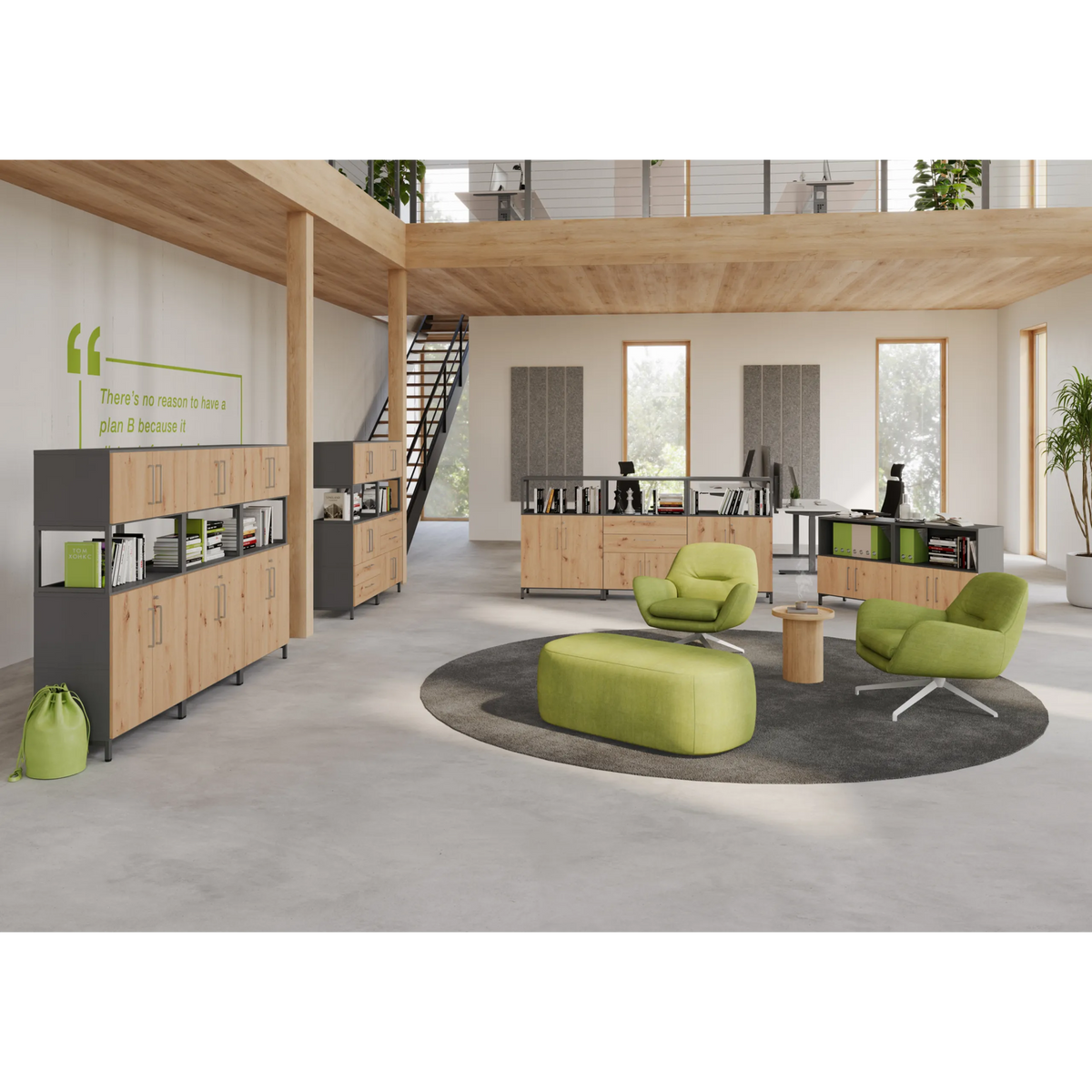 Système d'étagères modulable FlexWall avec corps et cadre en graphite et aspect bois de hjh OFFICE PRO