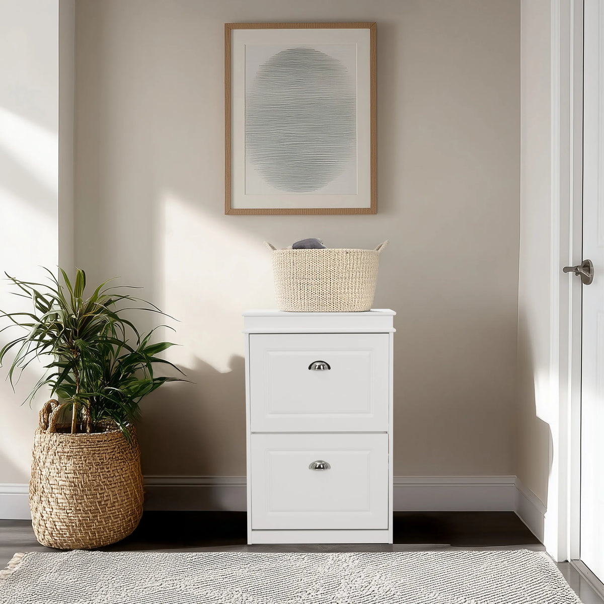 Armoire à chaussures blanche ESTHA 2 avec deux tiroirs et poignées argentées de hjh LIVING