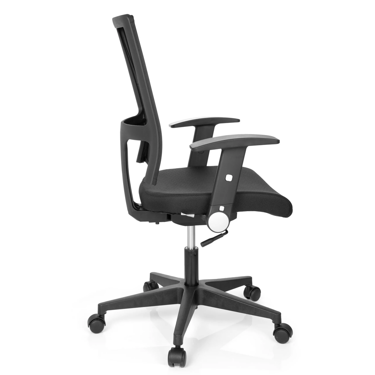 Siège de bureau à domicile OFFICE R8 noir avec dossier en maille et base à cinq roulettes de hjh OFFICE – vue à 360° (vue de profil 100°)