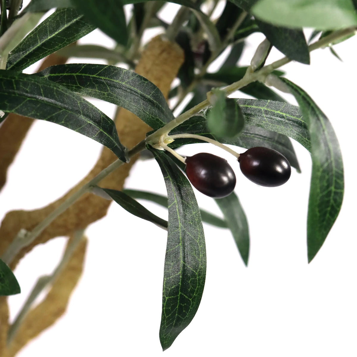 Deux olives foncées sur une branche avec des feuilles vertes de la plante artificielle OLIVE II de hjh OFFICE
