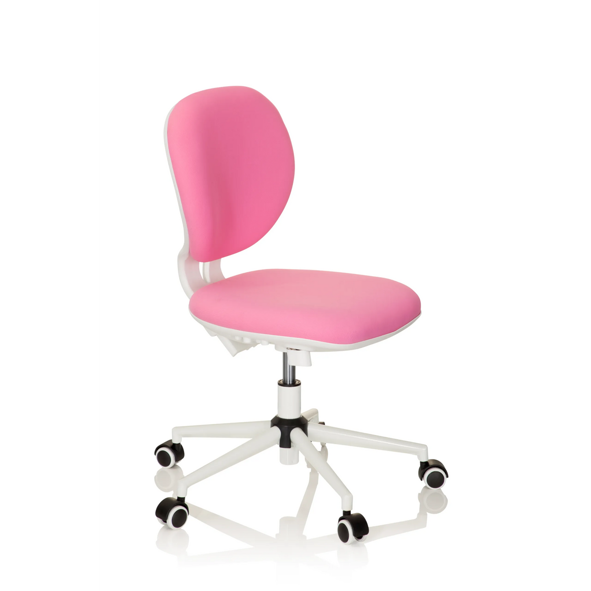 Chaise pivotante pour des enfants KID VIVO rose avec pied en étoile blanc et cinq roulettes de hjh OFFICE – vue à 360° (vue de trois quarts avant 60°)