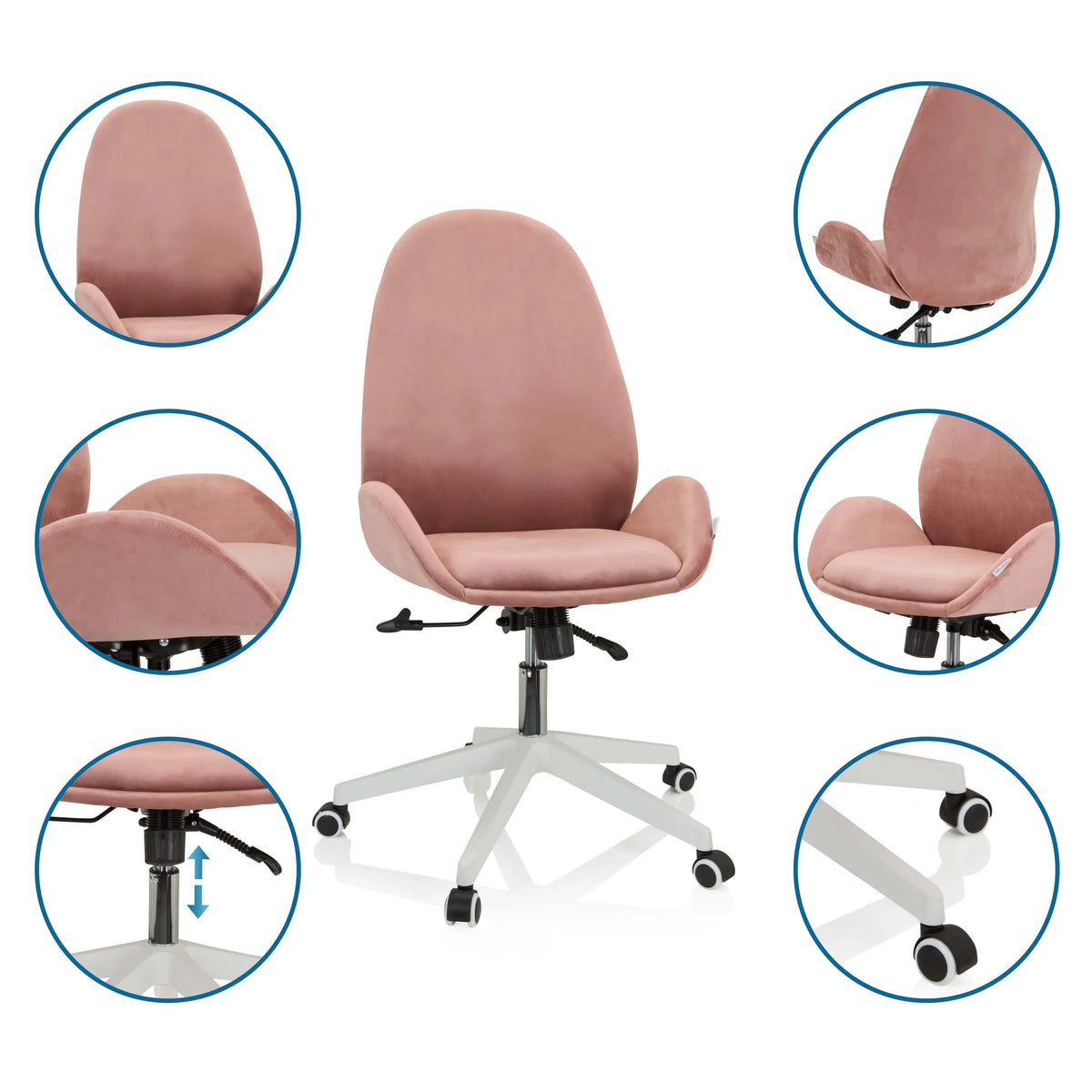 Siège de bureau à domicile rose AVEA avec vues détaillées du dossier, du vérin à gaz et des roulettes de hjh OFFICE