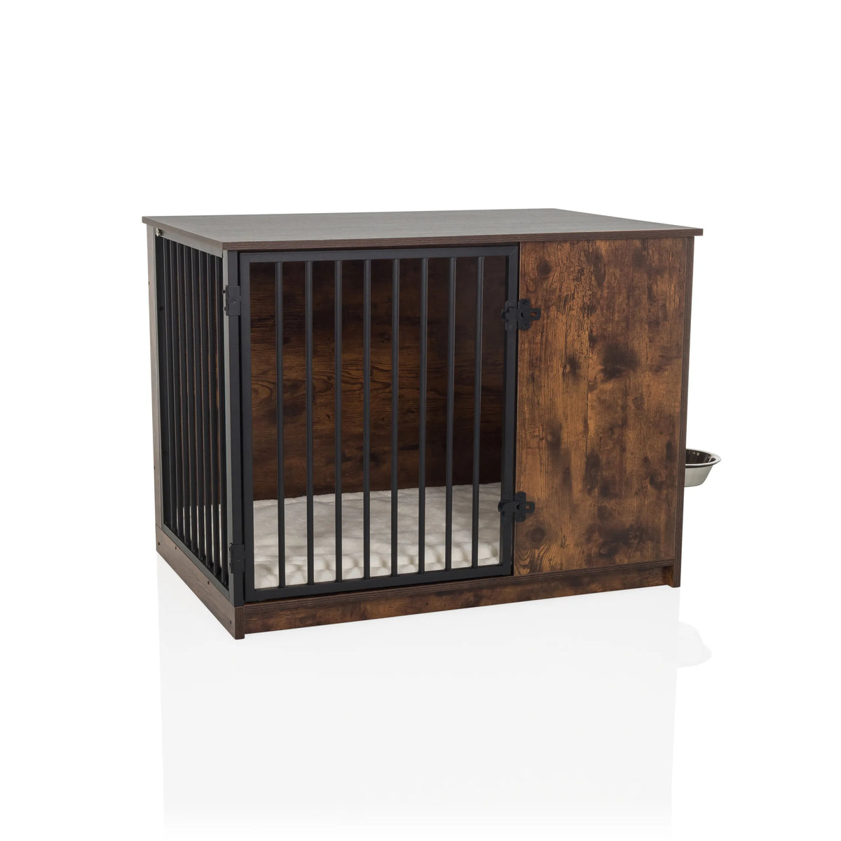 Niche pour chien PAWHOME S marron avec porte grillagée, gamelles intégrées et un matelas de hjh LIVING – vue à 360° (vue de face 15°)