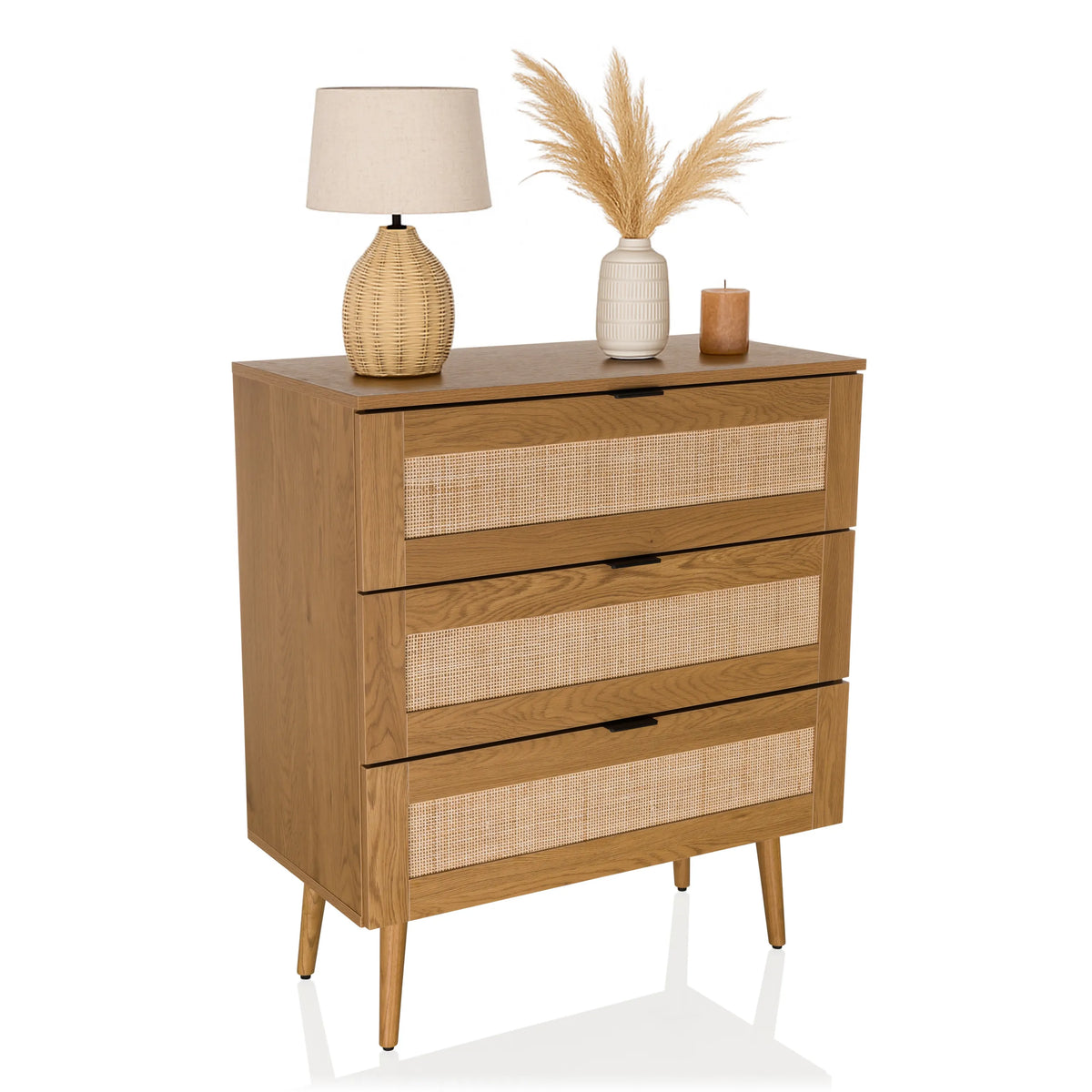 Commode BOHEO K en chêne avec trois façades tressées et pieds coniques de hjh LIVING