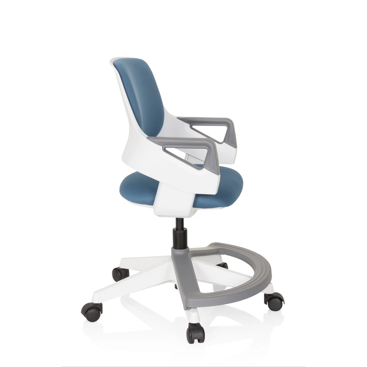 Chaise pivotante pour des enfants KID FLEX bleu gris avec accoudoirs et pied à cinq roulettes de hjh OFFICE – vue à 360° (vue de profil 80°)