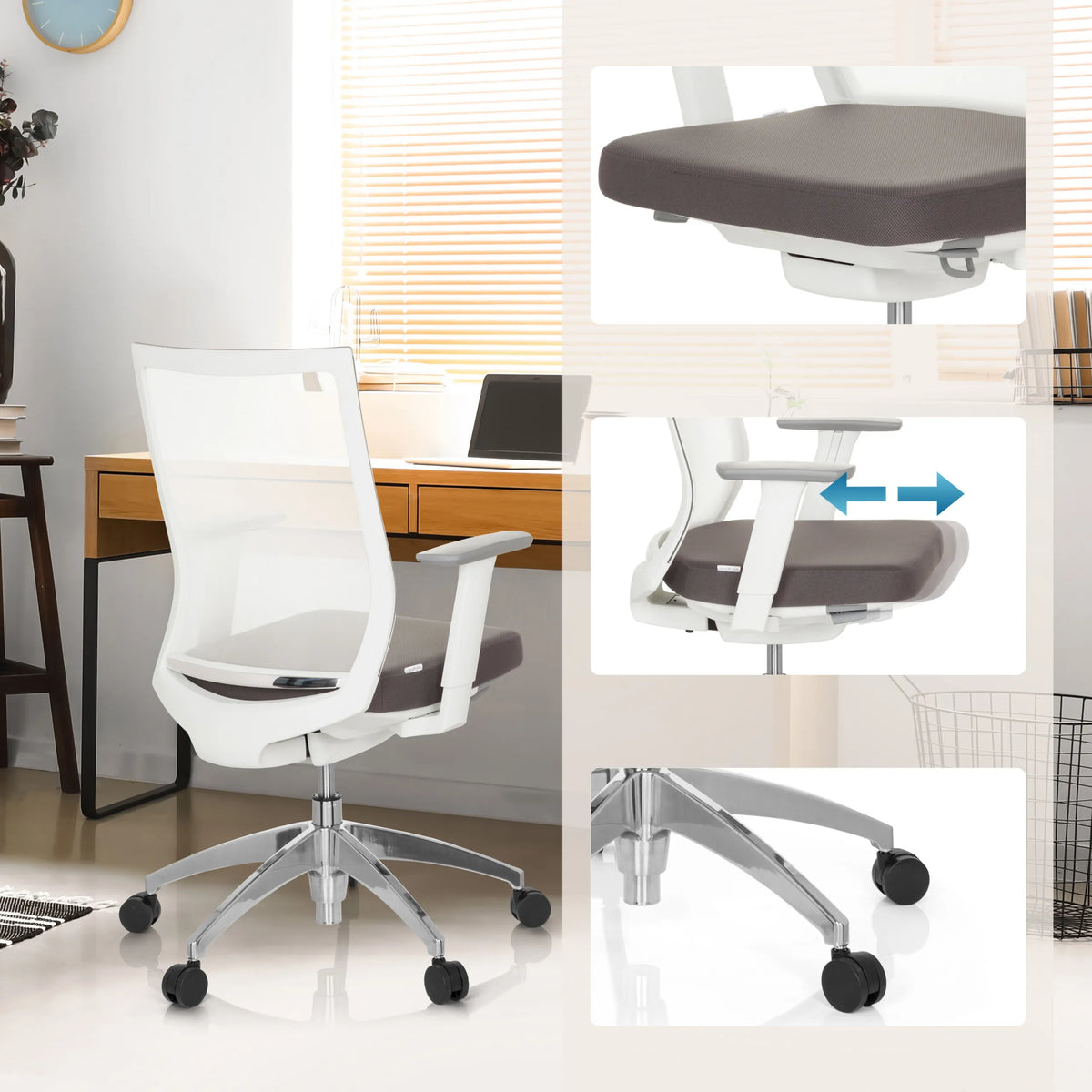 Siège de bureau de qualité professionnelle ASPEN WHITE blanc avec assise grise, accoudoirs réglables et roulettes de hjh OFFICE