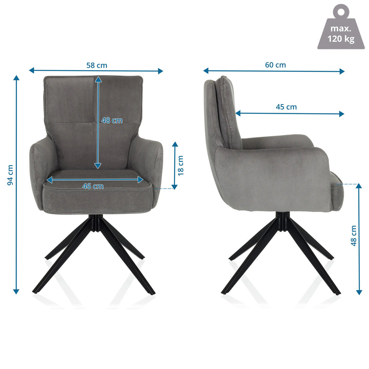 Dessin coté de la Chaise rembourrée TARUGO avec une hauteur de 94 cm et une largeur de 58 cm de hjh LIVING