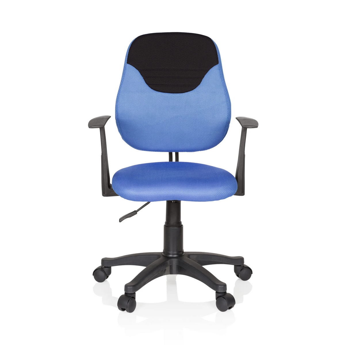 Chaise pivotante pour des enfants KIDDY STYLE bleue avec dossier en maille, accoudoirs et base à cinq roulettes de hjh OFFICE – vue à 360° (vue de face 0°)