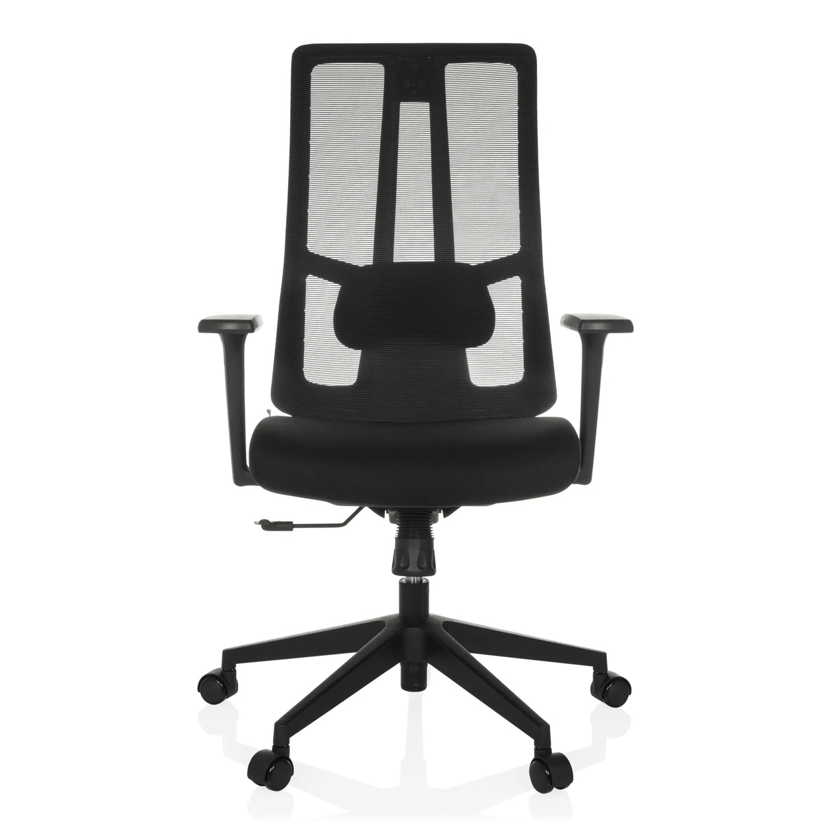 Siège de bureau de qualité professionnelle TRAMORE BASE noir avec dossier en maille et pied à cinq roulettes de hjh OFFICE – vue à 360° (vue de face 0°)