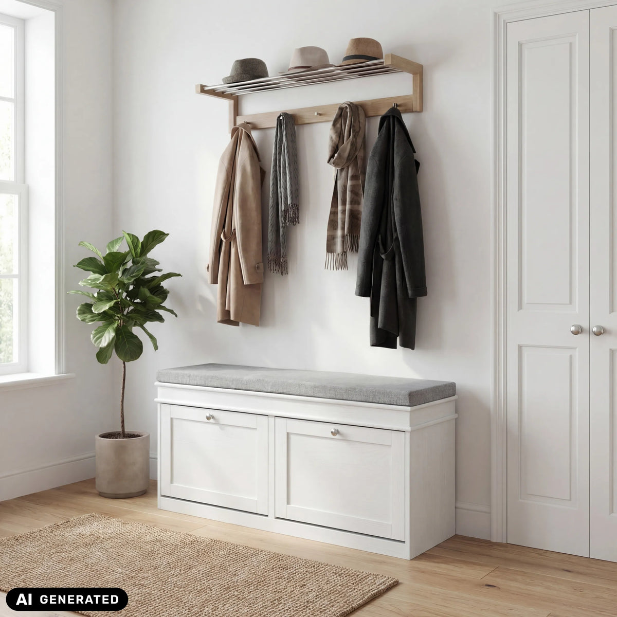 Weißer Schuhschrank Estha 11 mit grauer Sitzfläche und darüberliegender Garderobe von hjh LIVING (KI-generiertes Bild)