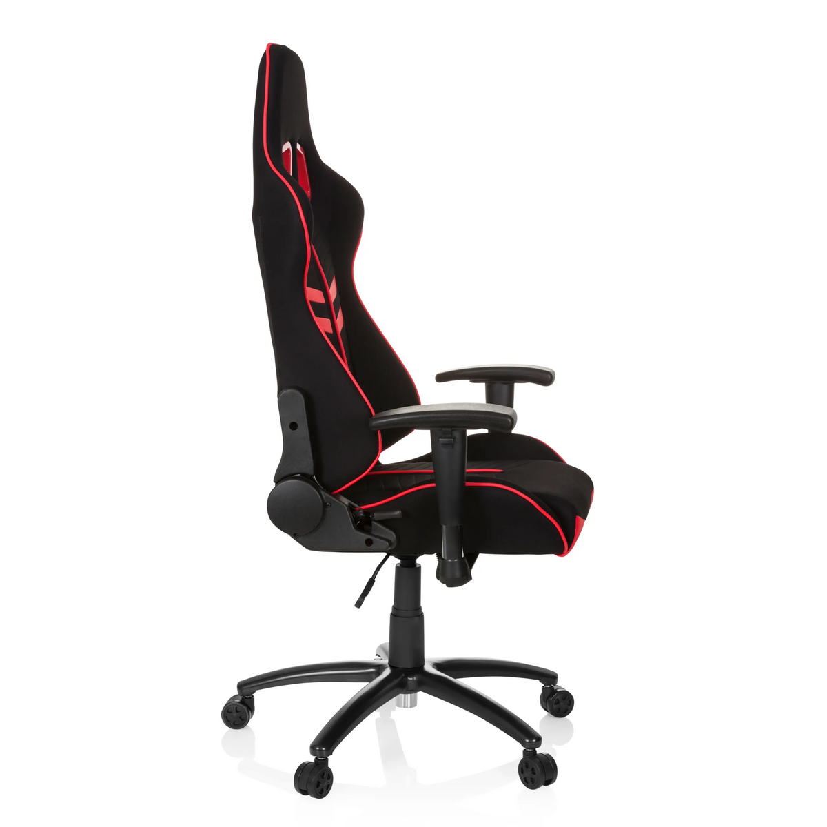 Fauteuil Gamer LEAGUE PRO I noir et rouge avec deux ouvertures d'appui-tête et base à cinq roulettes de hjh OFFICE – vue à 360° (vue de profil 80°)
