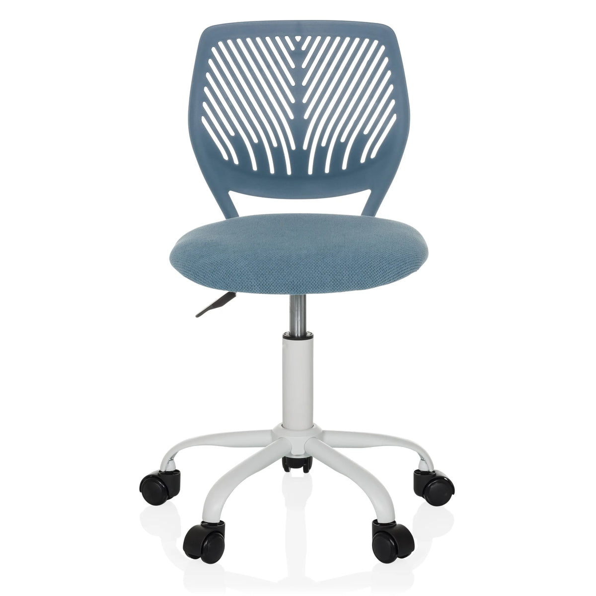 Chaise pivotante pour des enfants KID QW bleue avec dossier perforé et base blanche à cinq roulettes de hjh OFFICE – vue à 360° (vue de face 0°)