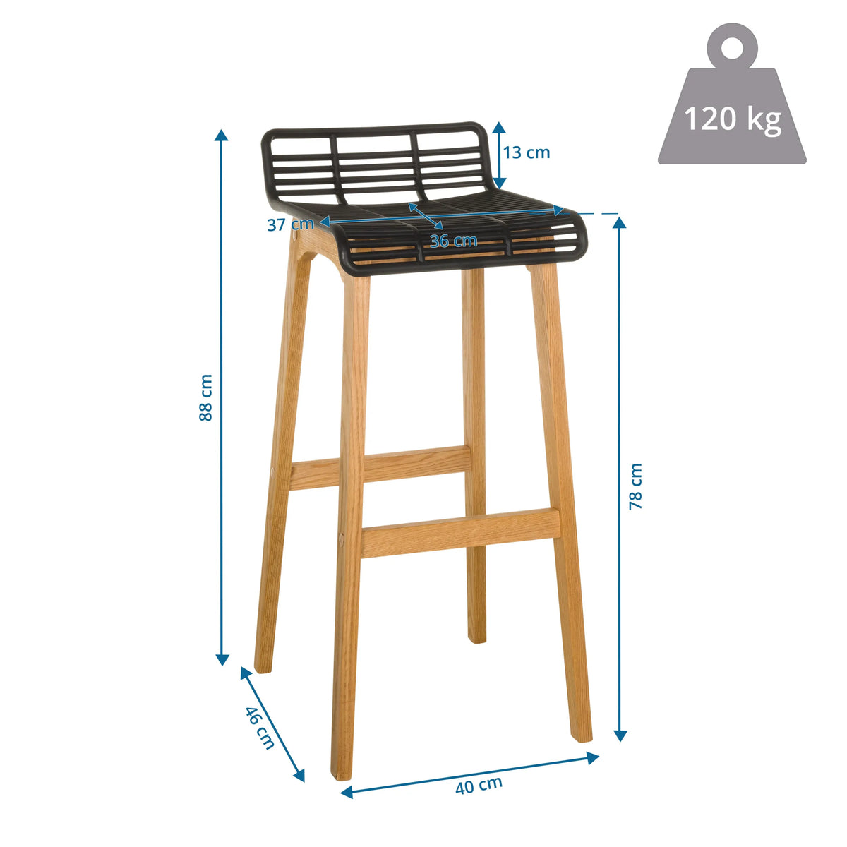 Dessin technique du Tabouret de bar LONSO W d'une hauteur de 88 cm et d'une capacité de charge de 120 kg de hjh OFFICE