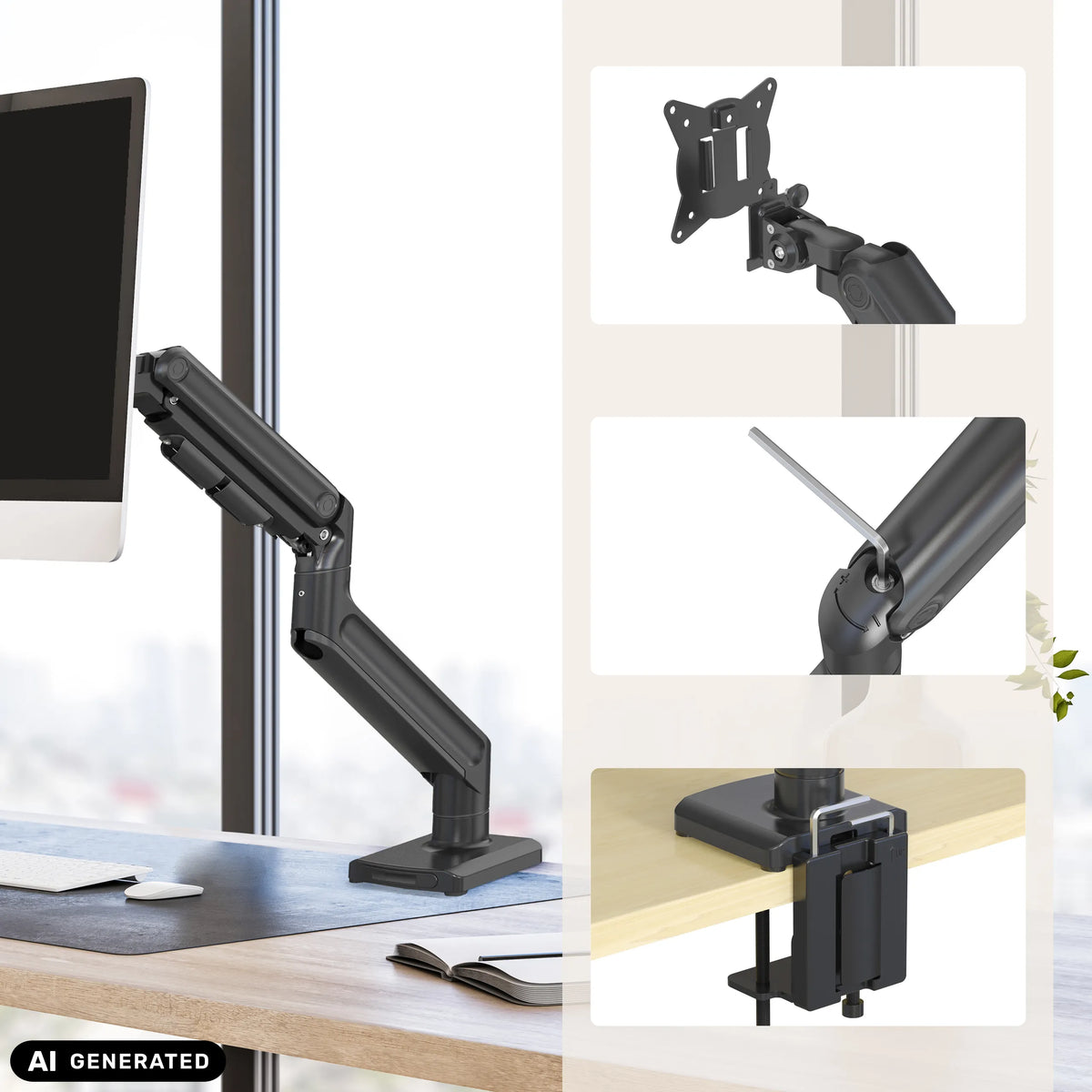 Fixation pour écran VM-MG1S avec plaque VESA, bras articulé et fixation de bureau en noir de hjh OFFICE (image générée par IA)