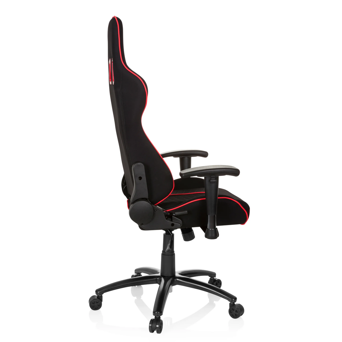 Fauteuil Gamer LEAGUE PRO I noir et rouge avec deux ouvertures d'appui-tête et base à cinq roulettes de hjh OFFICE – vue à 360° (vue de profil 100°)