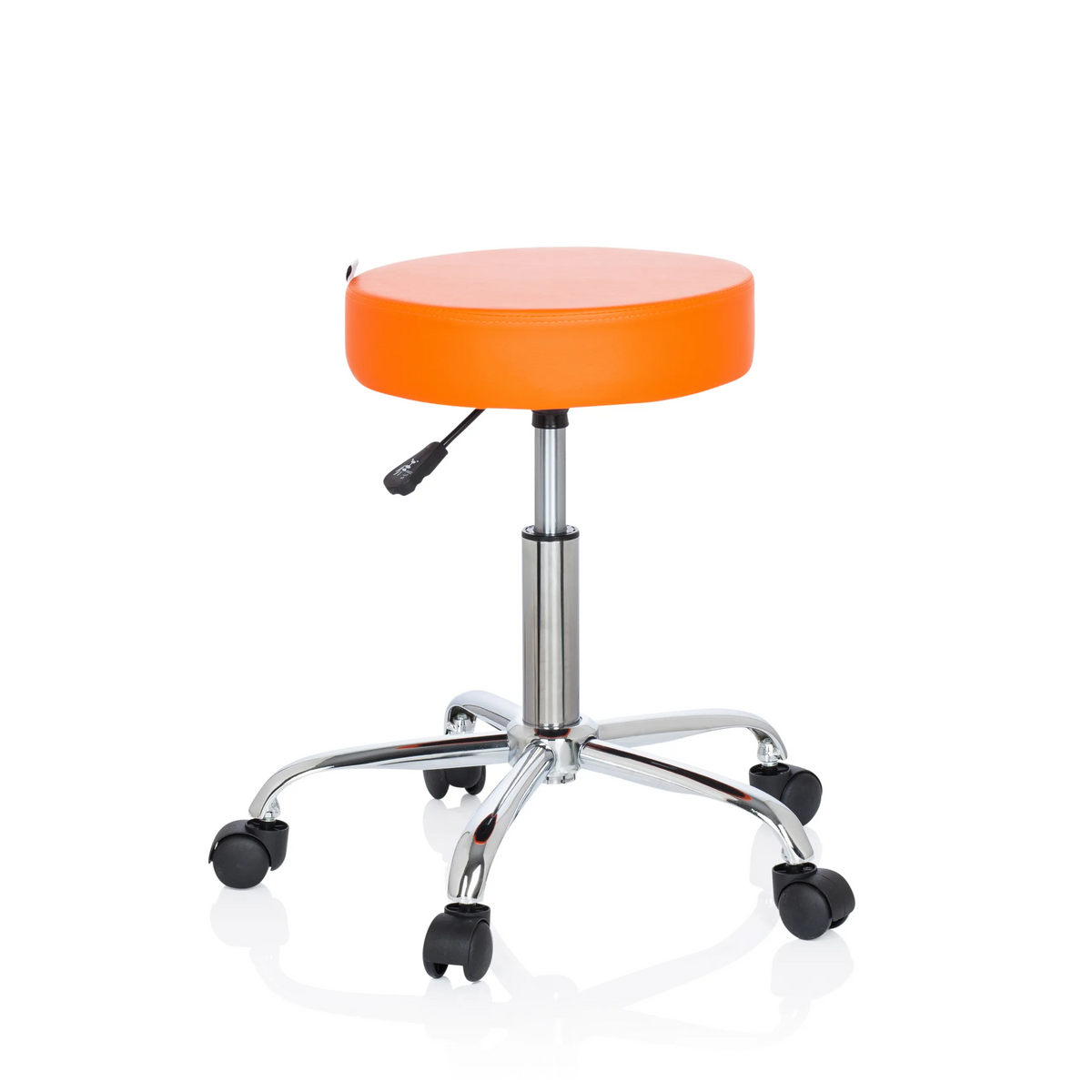 Tabouret pivotant orange OPERATOR II avec vérin à gaz et base à cinq roulettes de hjh OFFICE – vue à 360° (vue de face 20°)