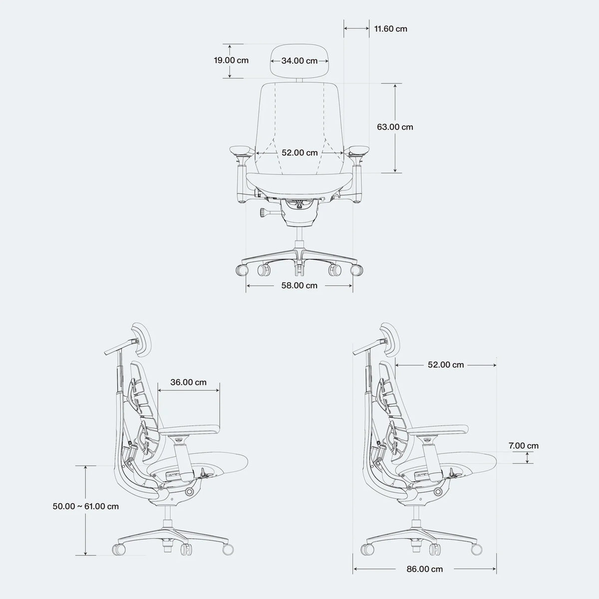 Dessin coté de la chaise de bureau LiberNovo Maxis Airflow avec indications de hauteur, largeur et profondeur de Libernovo