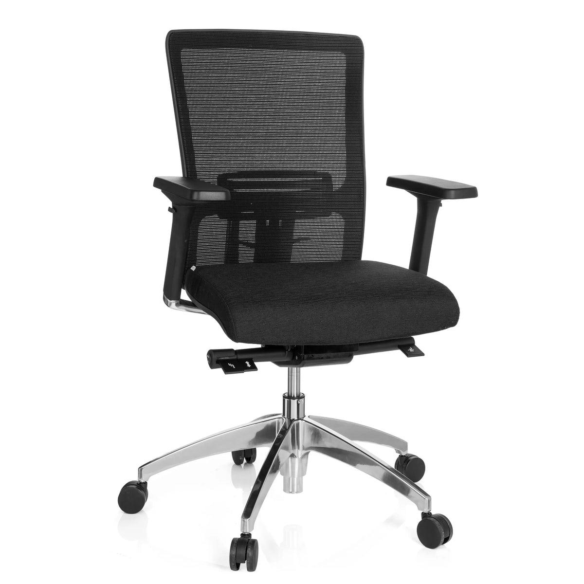 Siège de bureau de qualité professionnelle ASTRA BASE N noir, dossier maille et base brillante à 5 roulettes de hjh OFFICE – vue à 360° (vue de face 20°)