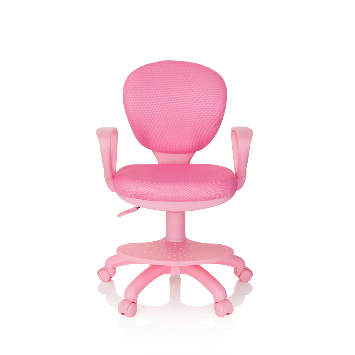 Chaise pivotante pour des enfants KID COLOUR rose avec accoudoirs et base à cinq roulettes de hjh OFFICE – vue à 360° (vue de face 0°)