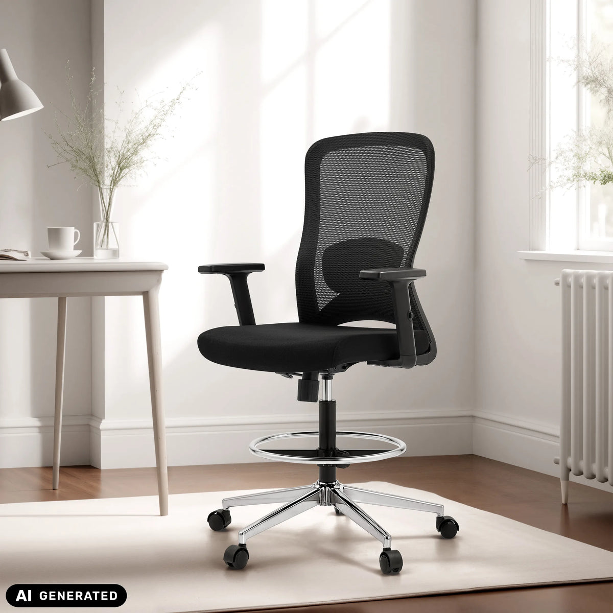 Chaise de travail Top Work 44 noire avec dossier en maille et repose-pieds de hjh OFFICE (image générée par IA)