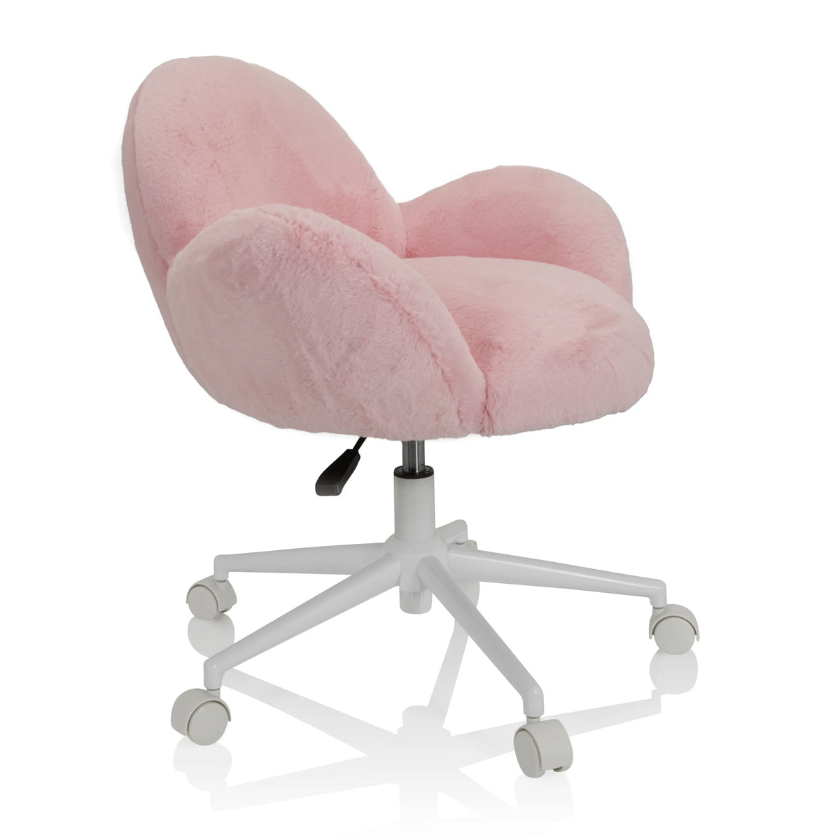 Chaise pivotante pour des enfants KID TEDDY rose avec housse fluffy et piètement blanc à cinq roulettes de hjh OFFICE – vue à 360° (vue de trois quarts avant 60°)
