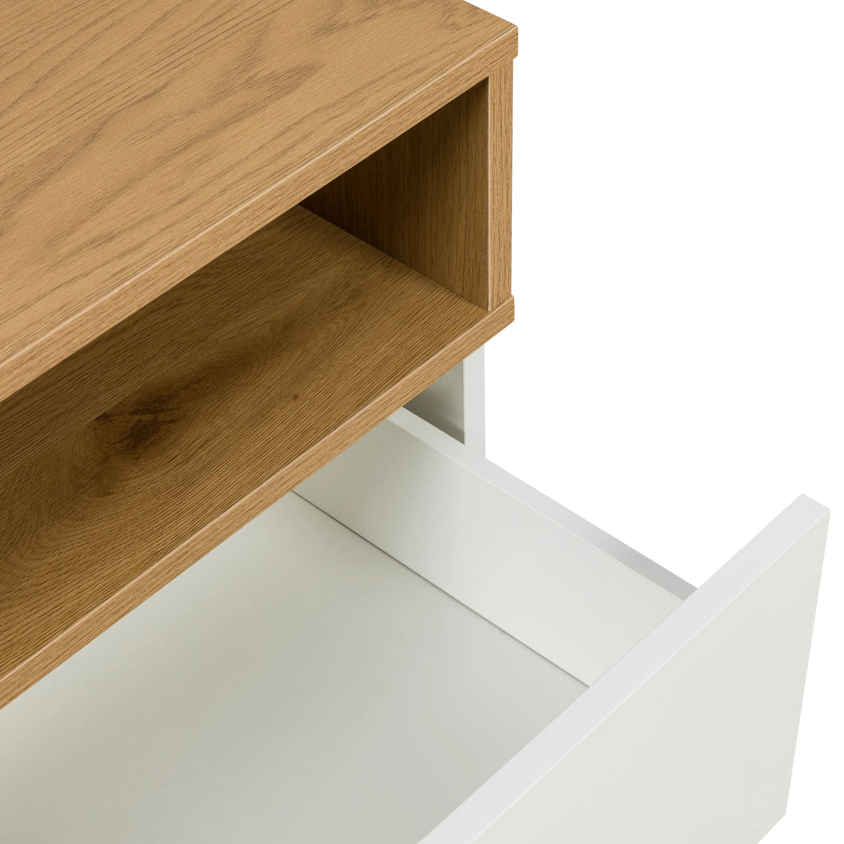 Étagère ouverte et tiroir blanc de la Table d'appoint MELMO en chêne et blanc de hjh LIVING