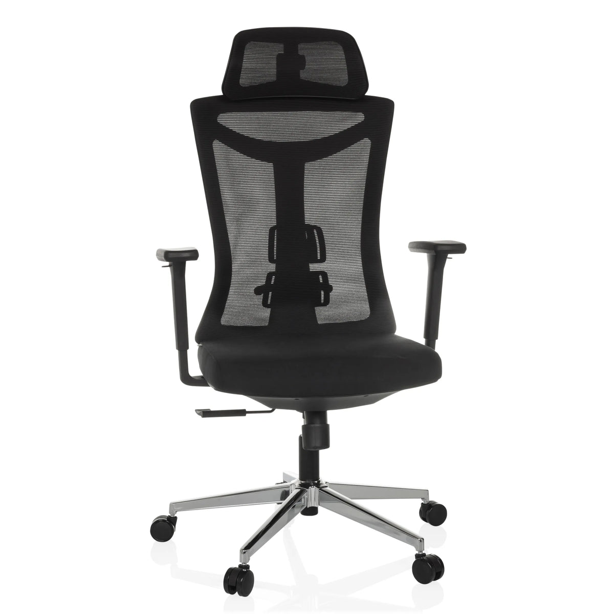 Siège de bureau de qualité professionnelle KAMIAK noir avec dossier en maille et base à cinq roulettes de hjh OFFICE – vue à 360° (vue de face 15°)