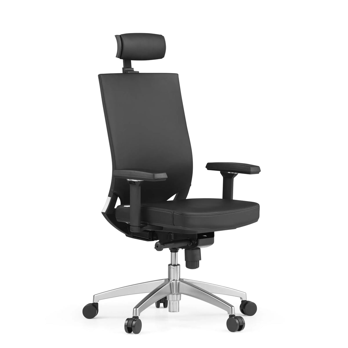 Siège de bureau de qualité professionnelle PORTO MAX HIGH noir en cuir avec appui-tête et base à cinq roulettes de hjh OFFICE – vue à 360° (vue de trois quarts avant 45°)