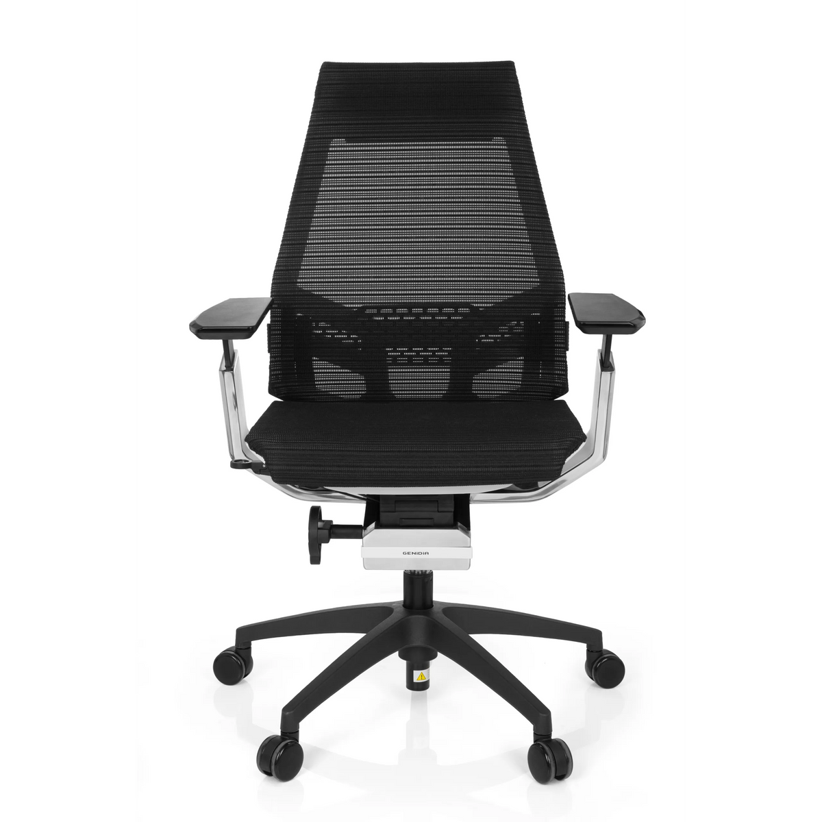 Siège de bureau professionnel GENIDIA SMART WHITE CM noir, dossier maille et base à 5 roulettes de hjh OFFICE – vue à 360° (vue de face 0°)