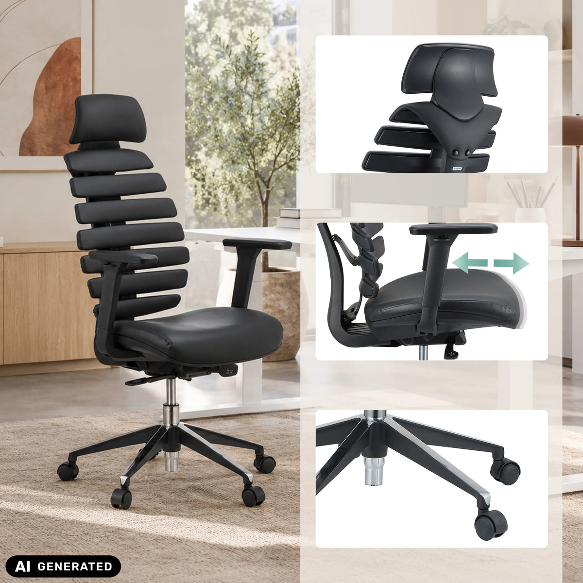 Siège de bureau de qualité professionnelle ERGO LINE II PRO noir en cuir avec accoudoirs réglables de hjh OFFICE (image générée par IA)