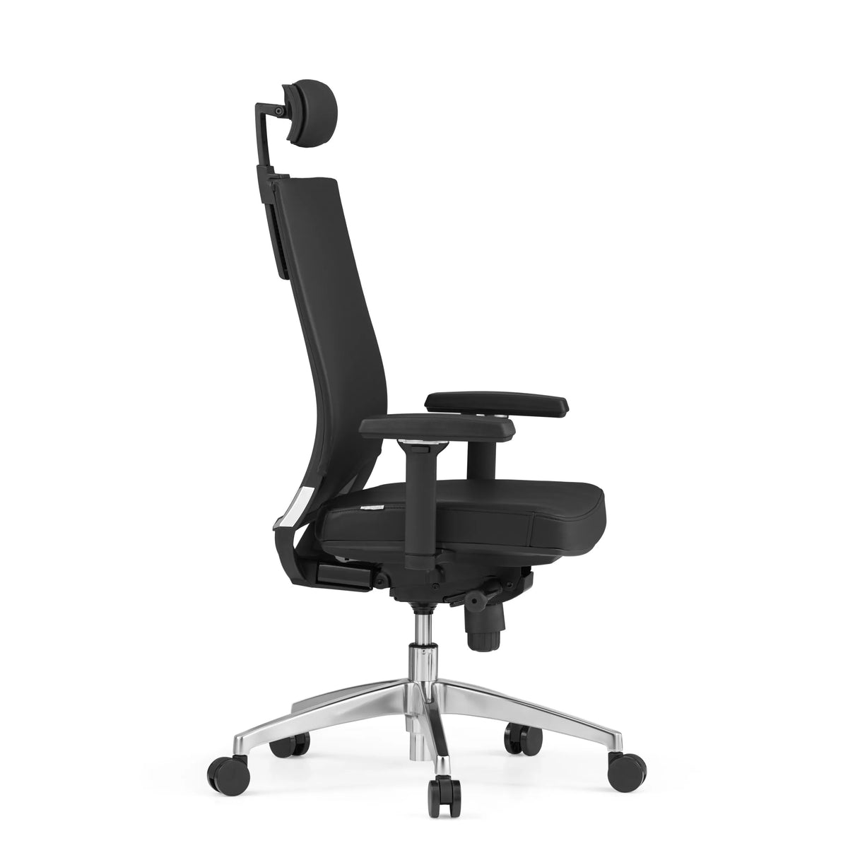 Siège de bureau de qualité professionnelle PORTO MAX HIGH noir en cuir avec appui-tête et base à cinq roulettes de hjh OFFICE – vue à 360° (vue de profil 75°)