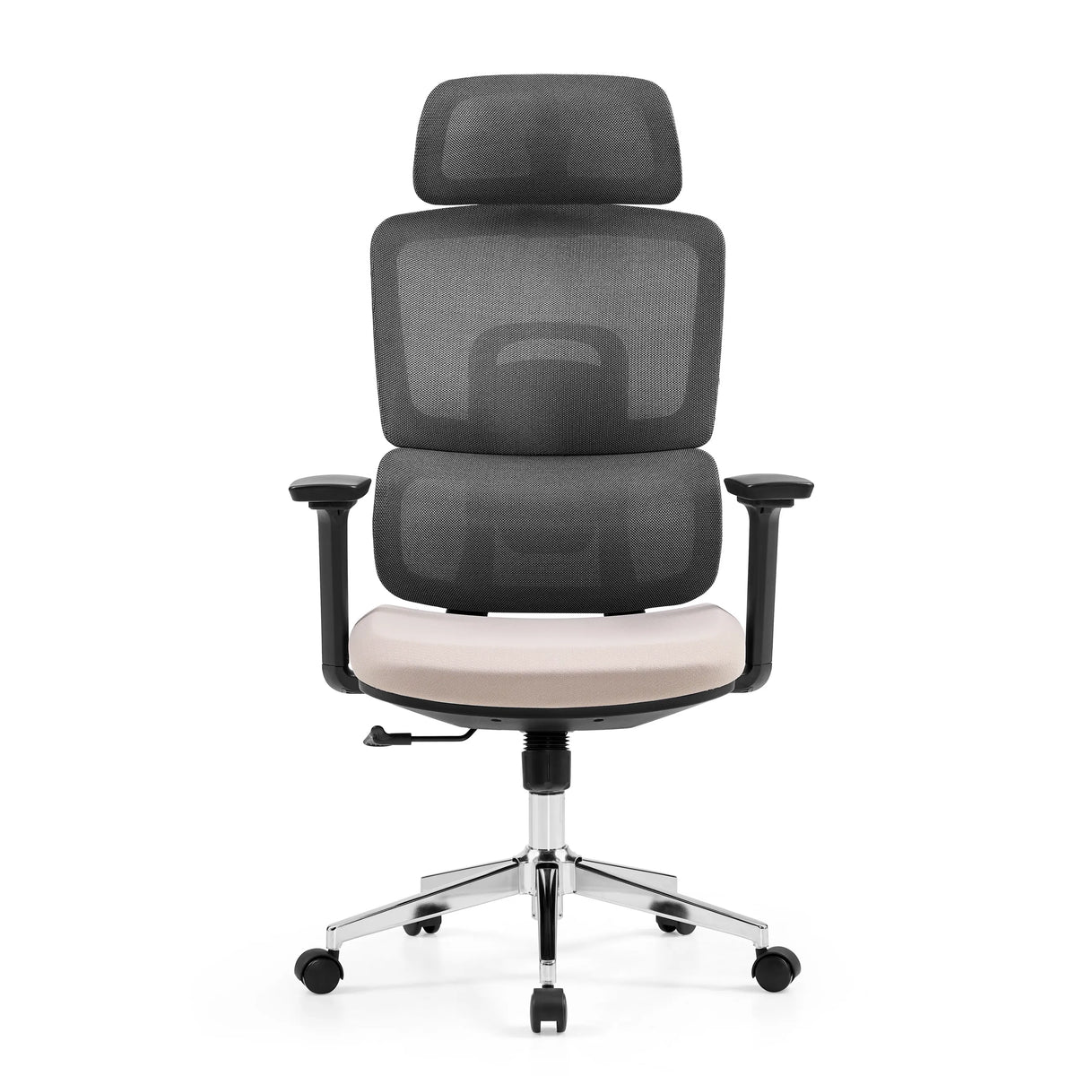 Siège de bureau de qualité professionnelle Ergomy Pro gris foncé avec assise beige, dossier en maille et pied à cinq roulettes de hjh OFFICE – vue à 360° (vue de face 0°)
