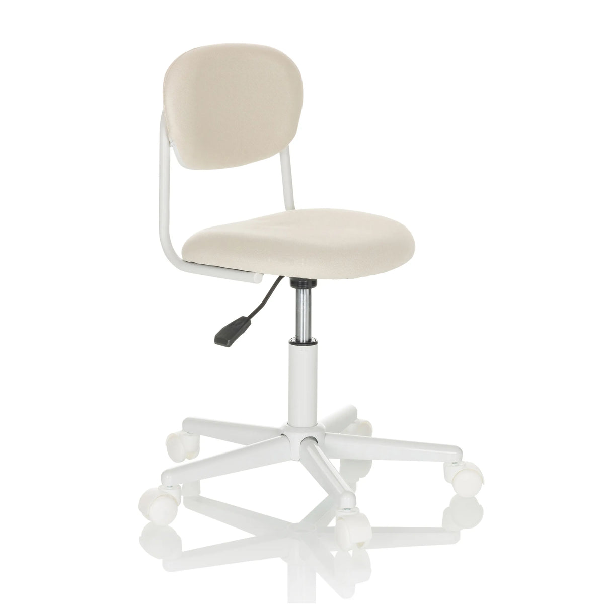 Chaise pivotante pour des enfants KIDDY BASE I beige avec rembourrage et base blanche à cinq roulettes de hjh OFFICE – vue à 360° (vue de trois quarts avant 45°)