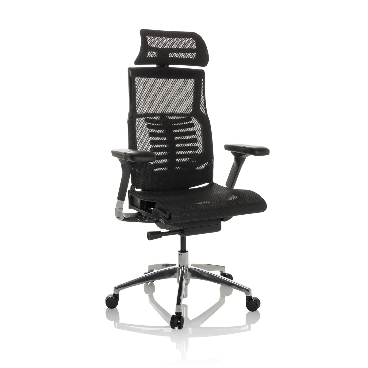 Siège de bureau haut de gamme POFIT GEN2 noir avec dossier en maille et piètement à cinq roulettes de hjh OFFICE – vue à 360° (vue de trois quarts avant 30°)