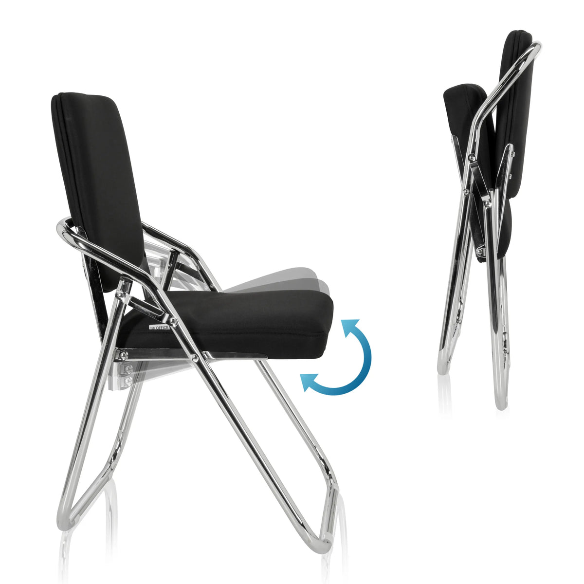 Mécanisme de pliage de la Chaise pliante ESTO avec revêtement en tissu noir et structure chromée de hjh OFFICE