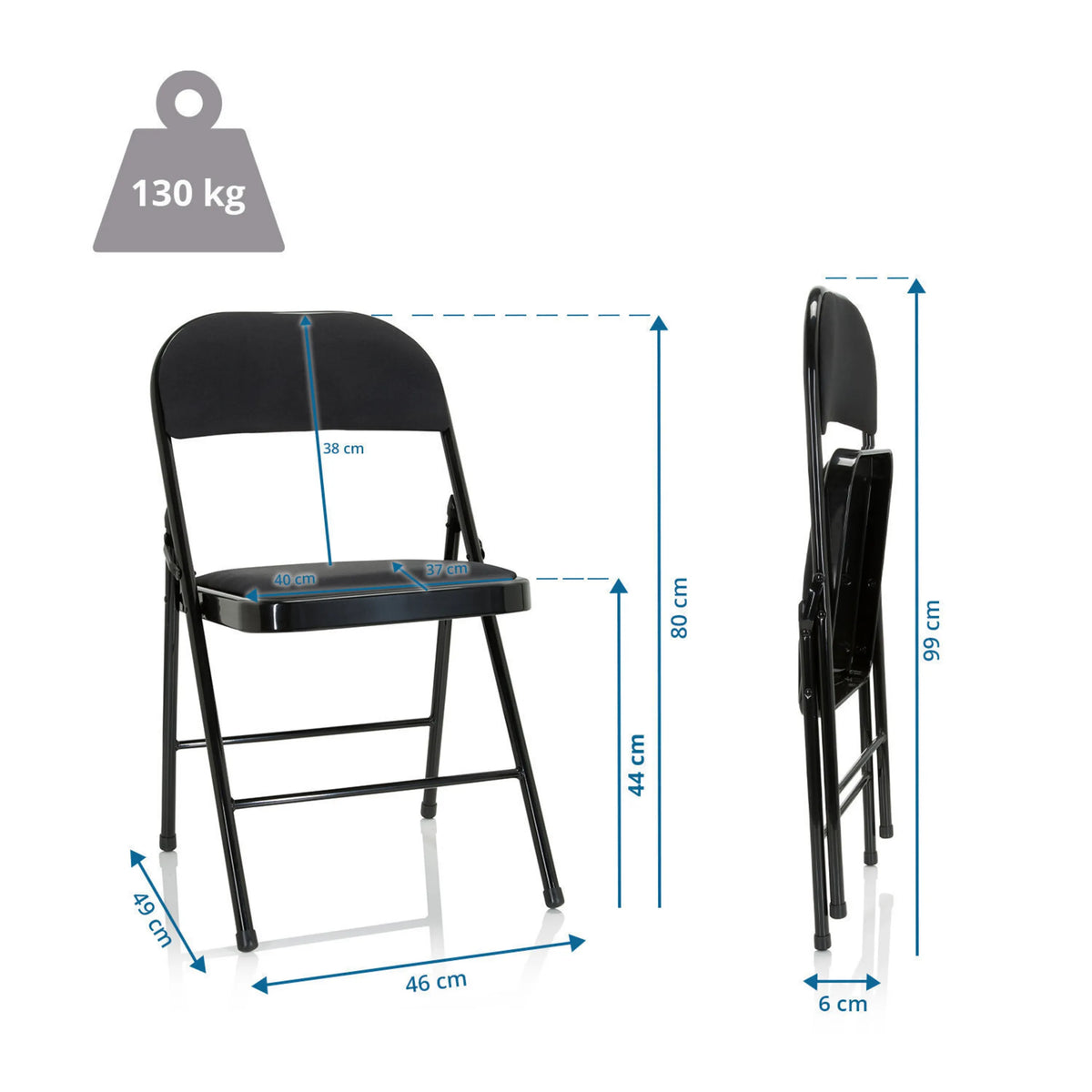Dessin coté de la Chaise pliante TUDELA II avec une hauteur totale de 99 cm et une capacité de charge de 130 kg de hjh OFFICE