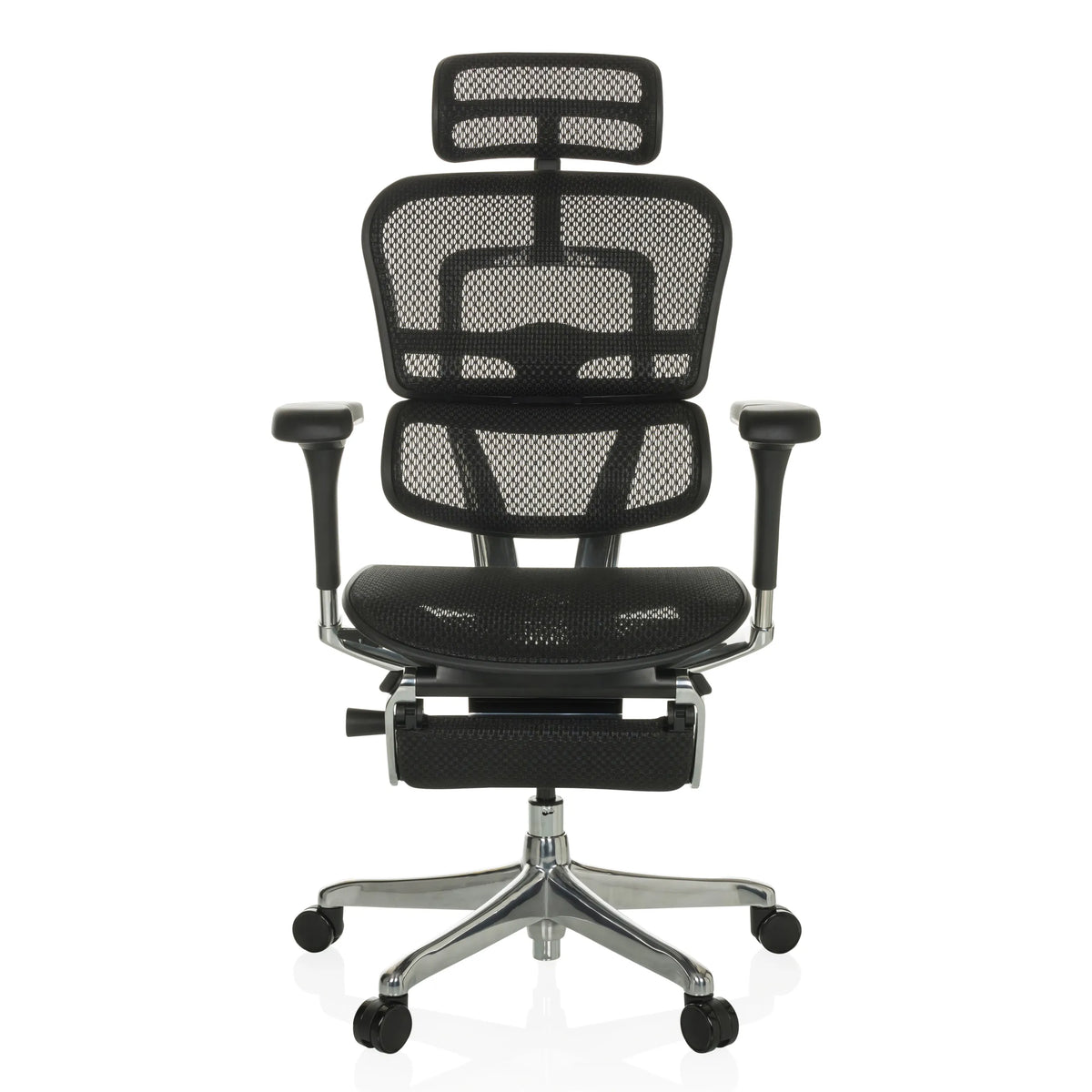 Siège de direction de luxe ERGOHUMAN PLUS LEGPRO GEN2 noir avec dossier maille et base à cinq roulettes de hjh OFFICE – vue à 360° (vue de face 0°)