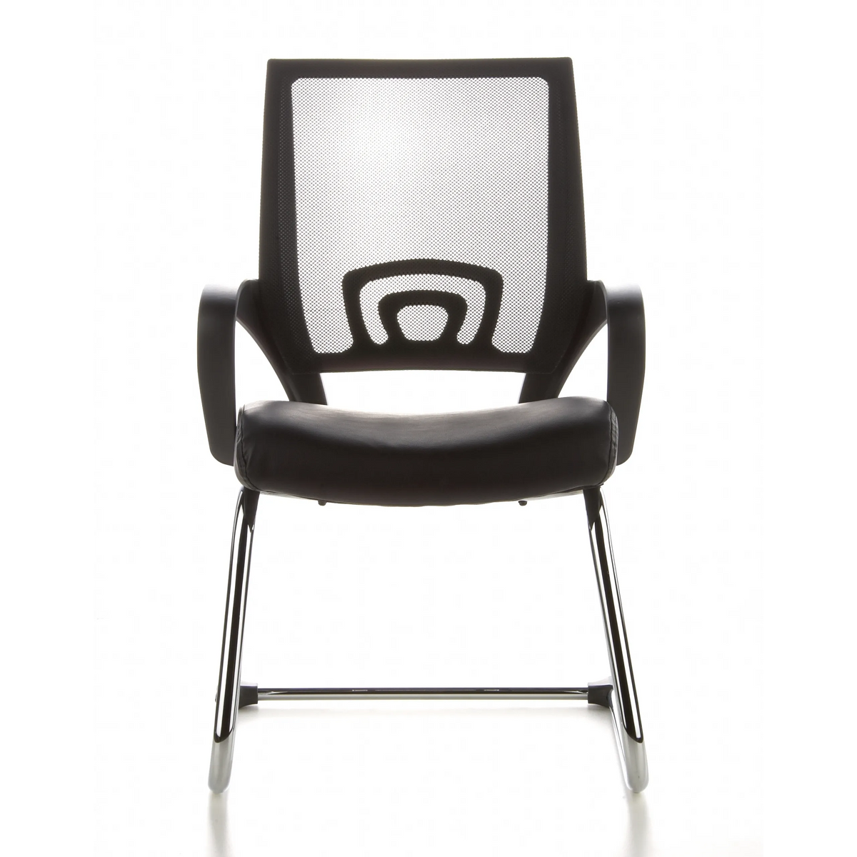Chaises cantilever VISTO NET V noires avec dossier en maille, assise rembourrée et accoudoirs de hjh OFFICE – vue à 360° (vue de face 0°)
