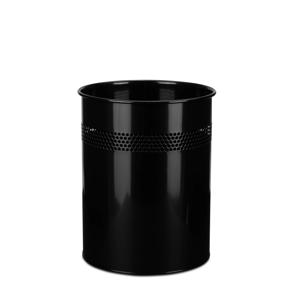Poubelle CLEAN III noire avec motif de trous perforés dans la partie supérieure de hjh OFFICE – vue à 360° (vue de face 0°)