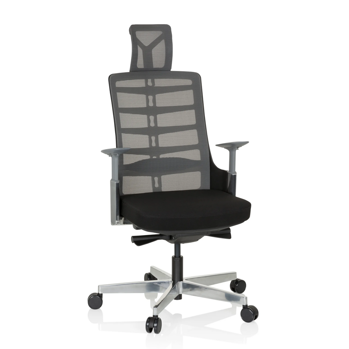 Siège de bureau haut de gamme SKARIF noir et gris avec dossier en maille et piètement à cinq roulettes de hjh OFFICE – vue à 360° (vue de face 20°)